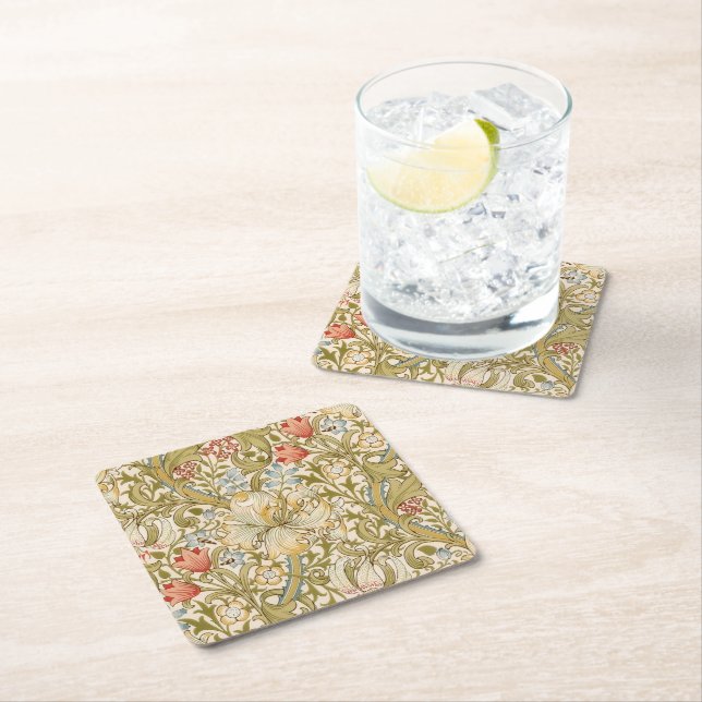 William Morris Lily Art Nouveau Square Paper Coaster (Insitu)