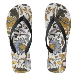 William Morris Lodden Floral Pattern: Blue Gold Flip Flops