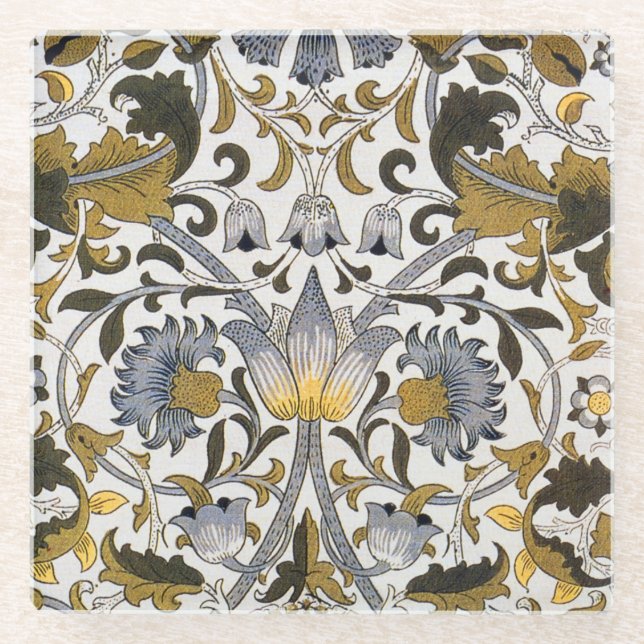 William Morris Lodden Floral Pattern: Blue Gold  Glass Coaster (Front)