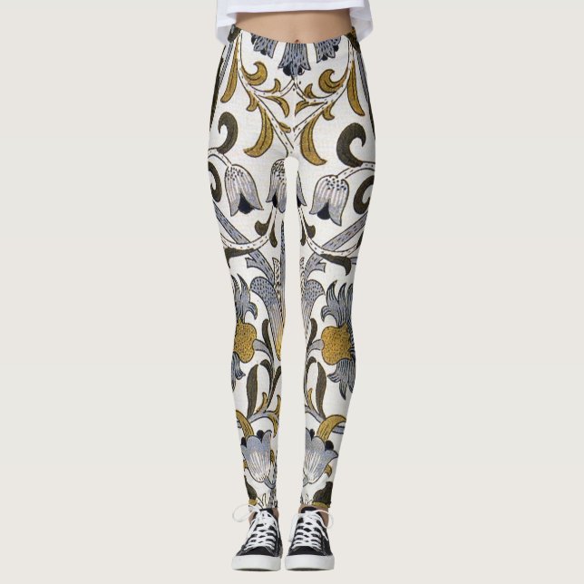 William Morris Lodden Floral Pattern: Blue Gold  Leggings (Front)