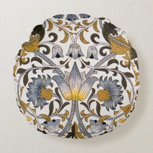 William Morris Lodden Floral Pattern: Blue Gold Round Cushion