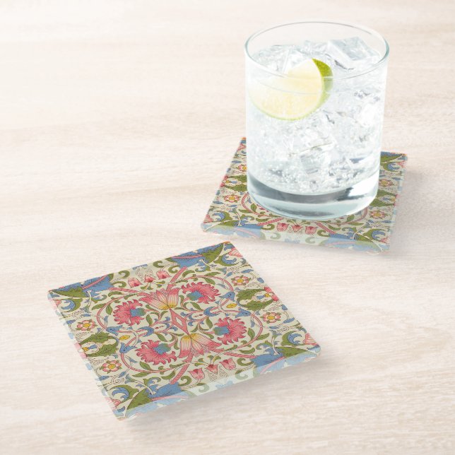 William Morris Lodden Floral Pattern Pastel  Glass Coaster (Angled)