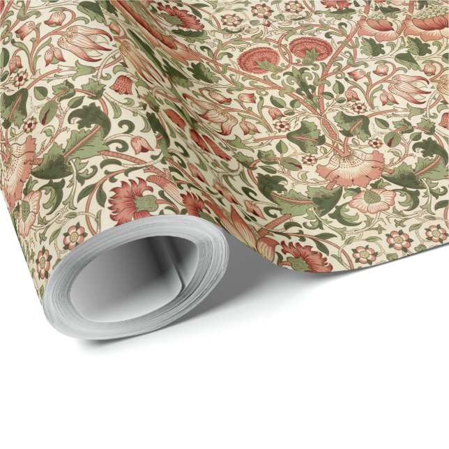 William Morris Lodden Flowers Foliage Green Pink   Wrapping Paper (Roll Corner)