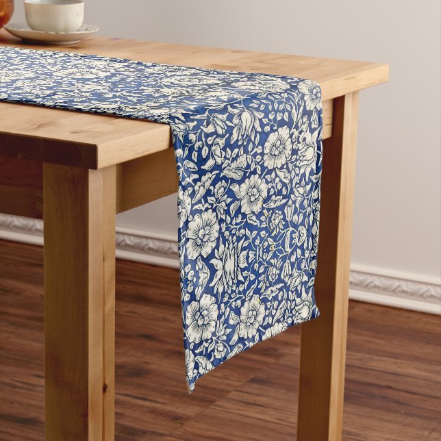 William Morris Mallow Flowers Floral Blue White  Long Table Runner (In Situ)