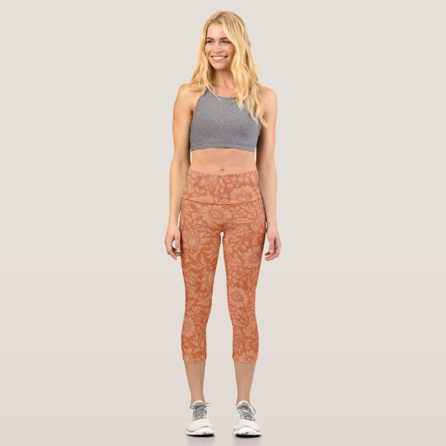 William Morris Mallow Pattern: Terracotta Floral Capri Leggings (Front)