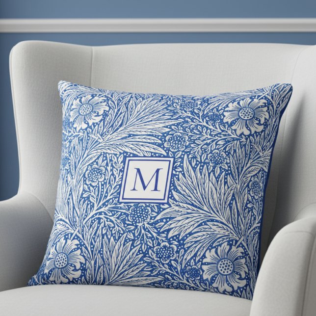 William Morris Marigold Blue Monogram Cushion (elegant vintage William Morris Marigold blue white floral throw pillow with custom monogram initial)