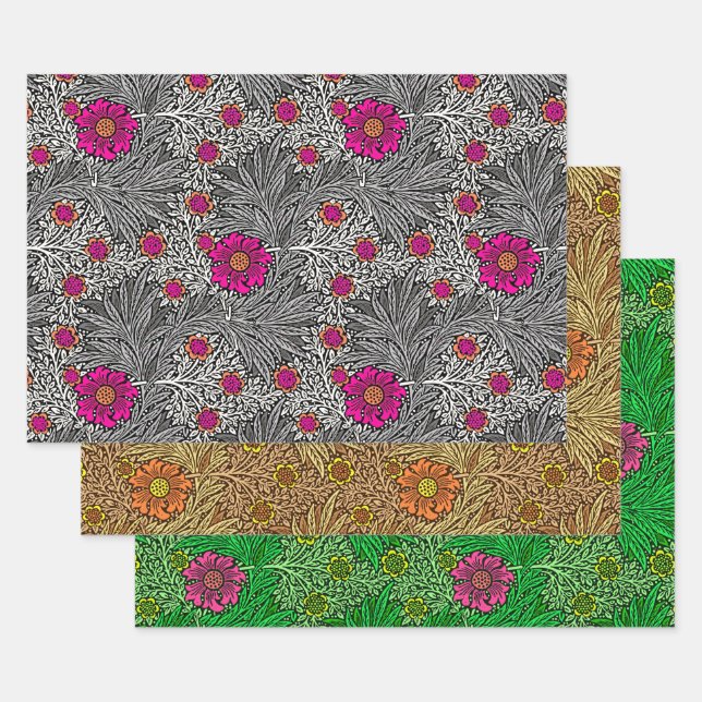 William Morris Marigold, Green, Brown & Grey  Wrapping Paper Sheet (Set)