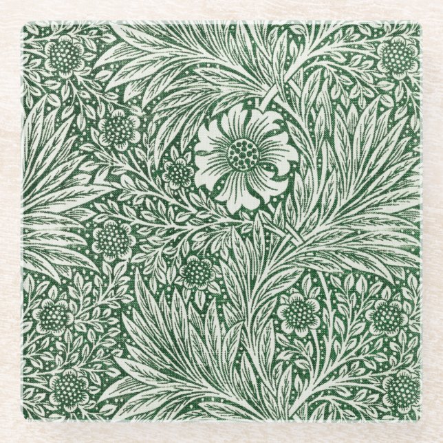 william morris marigold green floral flower glass coaster (Front)