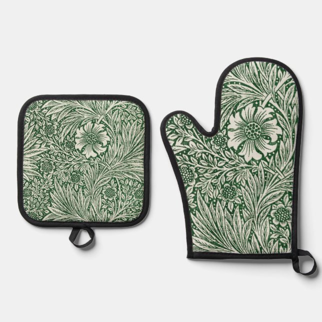 william morris marigold green floral flower oven mitt & pot holder set (Front)
