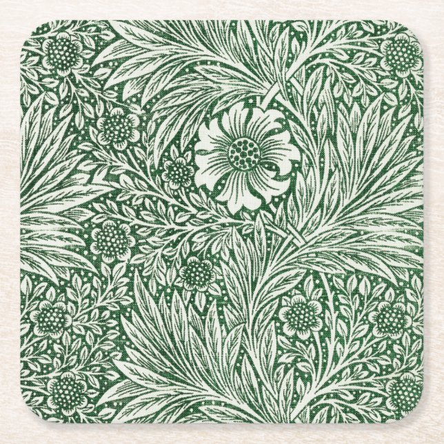 william morris marigold green floral flower square paper coaster (Front)
