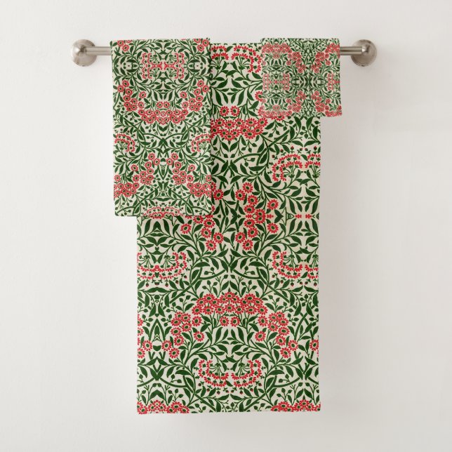 William Morris Michaelmas Daisy Flowers Pink Green Bath Towel Set (Insitu)