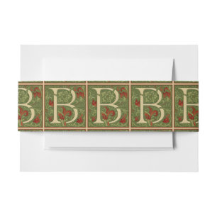 William Morris Monogram Letter B Floral Red Green Invitation Belly Band