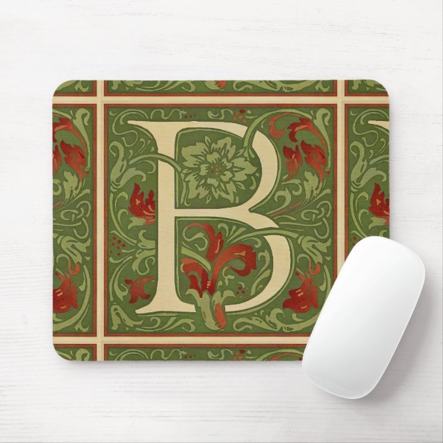 William Morris Monogram Letter B Floral Red Green Mouse Mat (With Mouse)