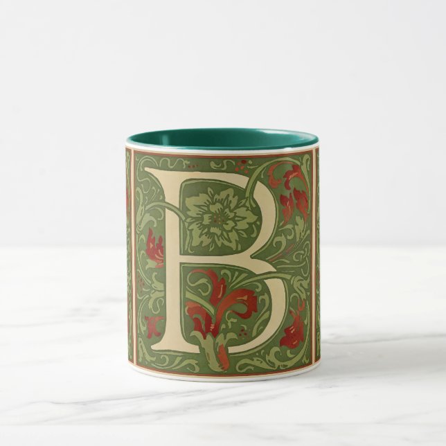 William Morris Monogram Letter B Floral Red Green Mug (Center)