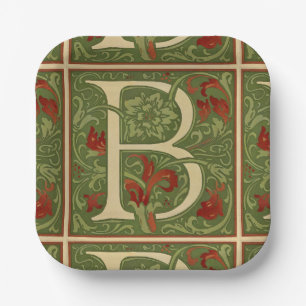William Morris Monogram Letter B Floral Red Green Paper Plate