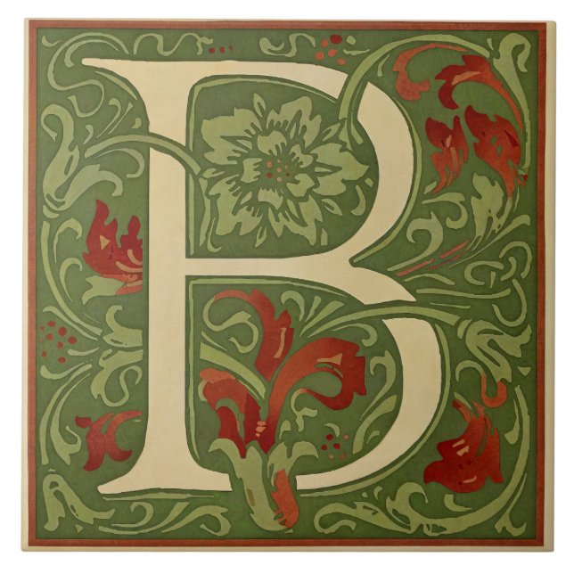 William Morris Monogram Letter B Floral Red Green Tile (Front)