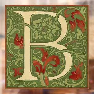 William Morris Monogram Letter B Floral Red Green Window Cling