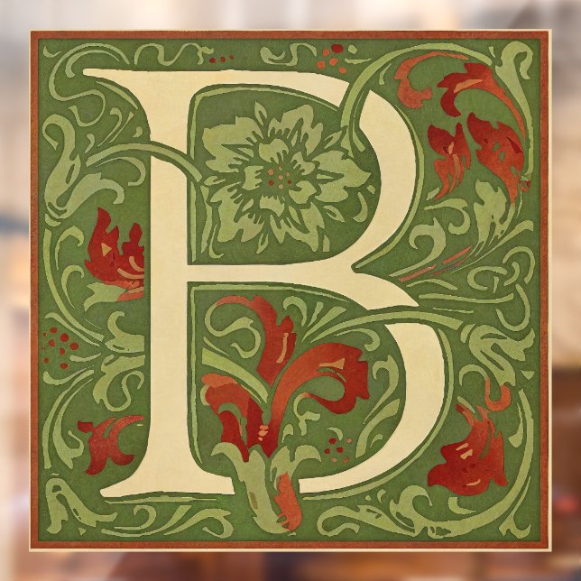William Morris Monogram Letter B Floral Red Green Window Cling (Sheet 2)