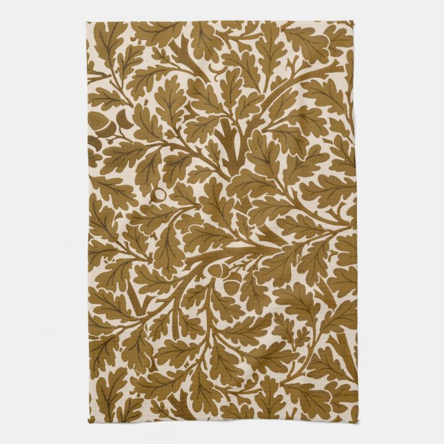 William Morris Oak Leaves, Coffee Brown and Beige  Tea Towel (Vertical)
