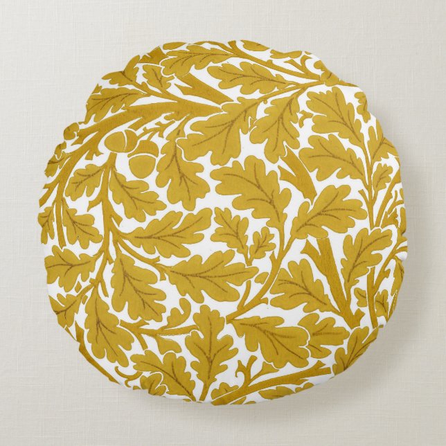 William Morris Oak Leaves, Mustard Yellow & White Round Cushion (Front)