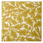 William Morris Oak Leaves, Mustard Yellow & White Tile<br><div class="desc">Ceramic tile in a William Morris Art Nouveau,  textile pattern - oak leaves and branches in deep golden mustard yellow,  accented with brown,  with a white background</div>