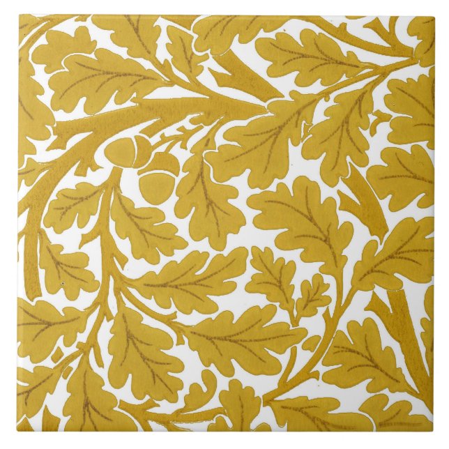 William Morris Oak Leaves, Mustard Yellow & White Tile (Front)