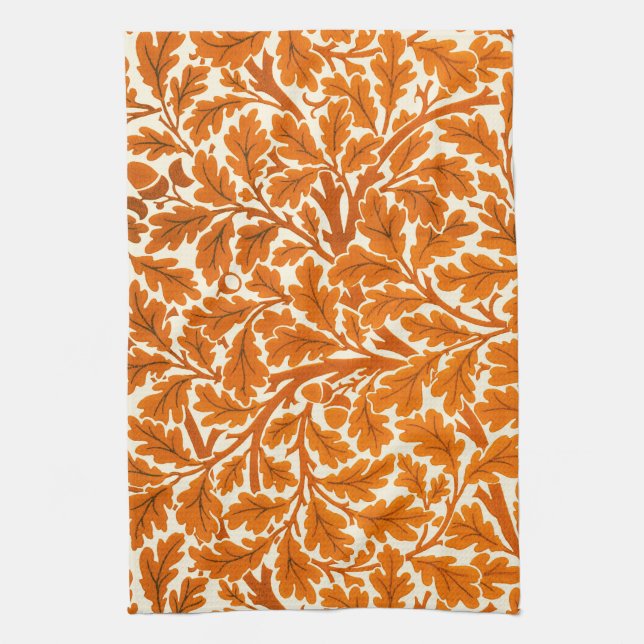 William Morris Oak Leaves, Rust Orange & Cream  Tea Towel (Vertical)