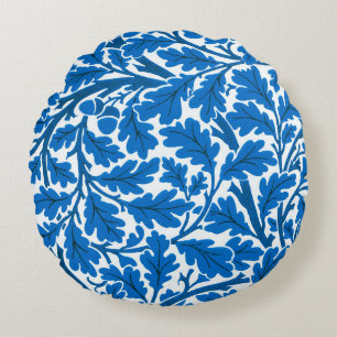 William Morris Oak Leaves, Sapphire Blue and White Round Cushion
