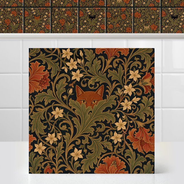 William Morris Orange Cat Acanthus Leaf Tapestry Tile (Antique Art Nouveau William Morris Orange Cat Acanthus Leaf Tapestry Ceramic Tile Mural)