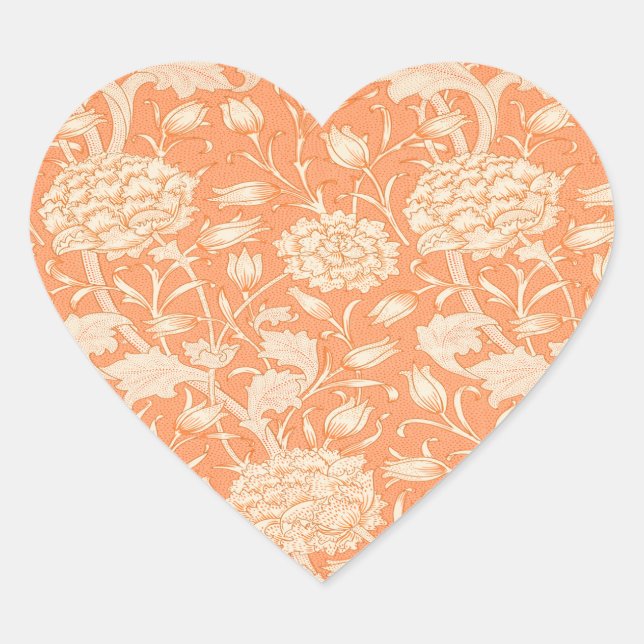 William Morris Orange Floral Heart Sticker (Front)