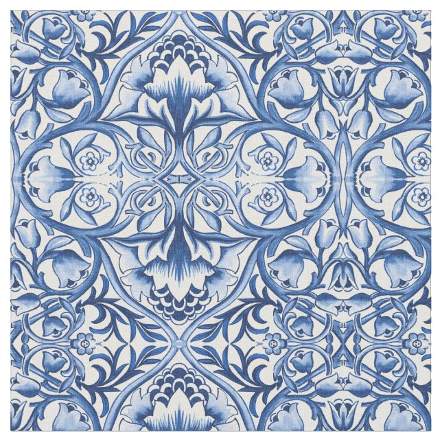 William Morris ornament blue and white flowers Fabric (Close Up)