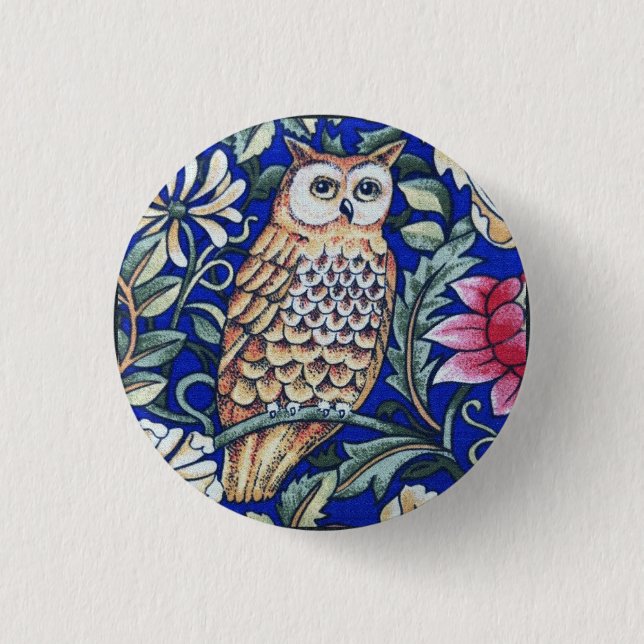William Morris Owl Tapestry, Beige and Cobalt Blue 3 Cm Round Badge (Front)