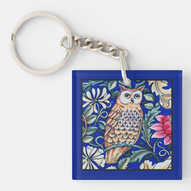 William Morris Owl Tapestry, Beige and Cobalt Blue Key Ring (Front)