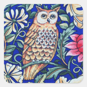 William Morris Owl Tapestry, Beige and Cobalt Blue Square Sticker