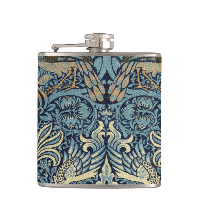 William Morris Peacock and Dragon Woven Design Hip Flask (Front)