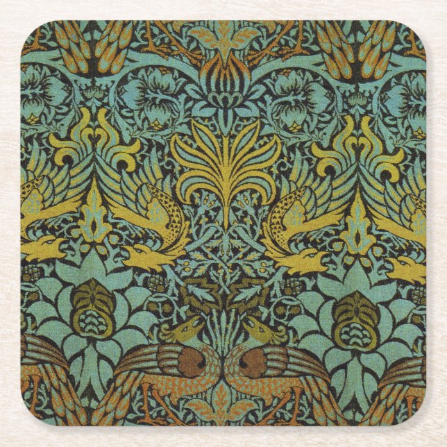William Morris Peacock Dragon Wallpaper  Square Paper Coaster (Front)