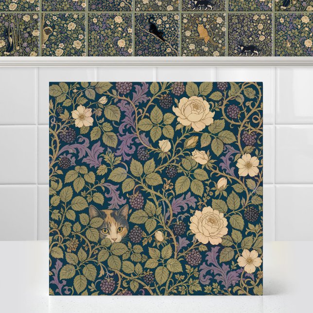 William Morris Peekaboo Calico Cat Foliage Pattern Tile (Antique Art Nouveau Pattern William Morris Peekaboo Calico Cat Foliage Ceramic Tile Mural)