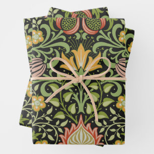 William Morris Persian Black Floral Tile Art Wrapping Paper Sheet