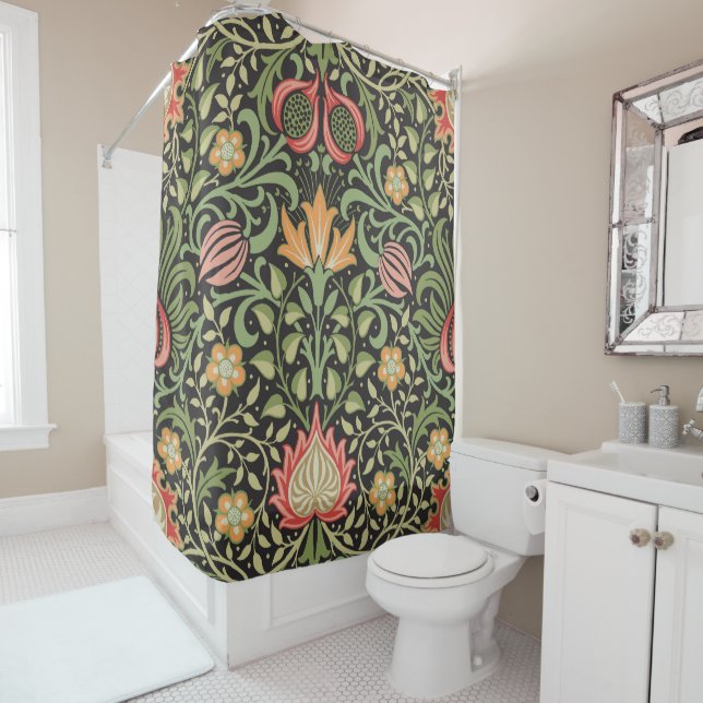 William Morris Persian Floral Antique Shower Curtain (In Situ)