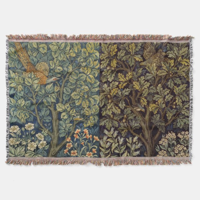 William Morris Pheasant Bird Tree Flower Throw Blanket (Front)