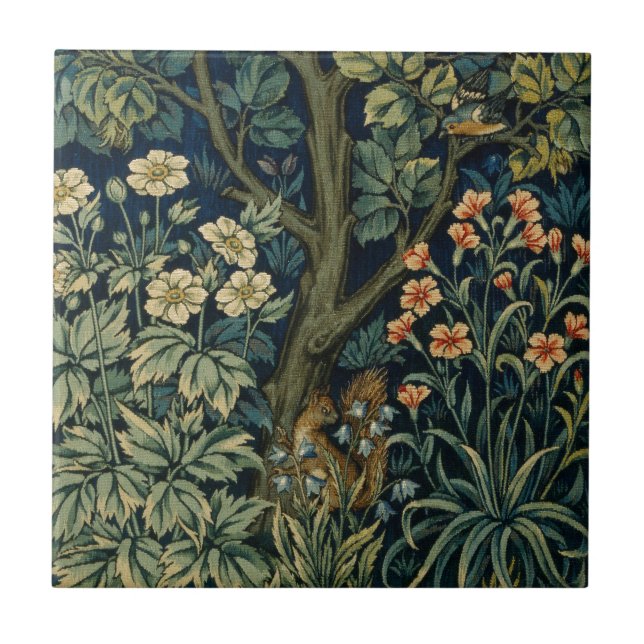 William Morris Pheasant Bird Tree Woodland Tile (Front)
