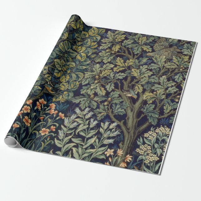 William Morris Pheasant Bird Tree Woodland Wrapping Paper (Unrolled)