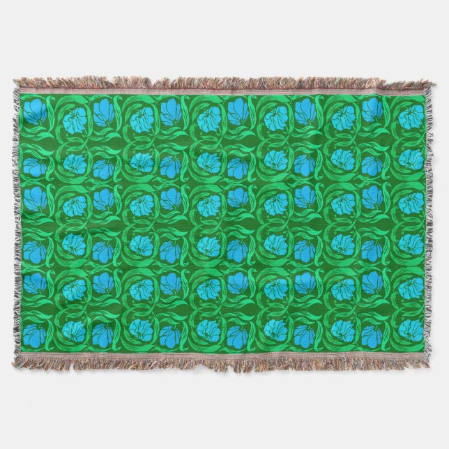 William Morris Pimpernel, Blue & Emerald Green Throw Blanket (Front)