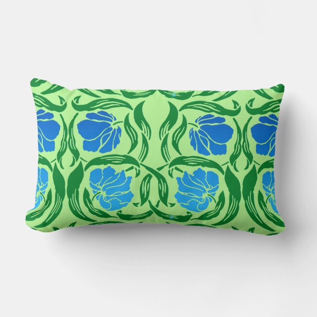 William Morris Pimpernel, Blue & Lime Green Lumbar Cushion (Front)