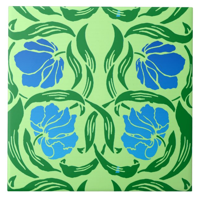 William Morris Pimpernel, Blue & Lime Green Tile (Front)