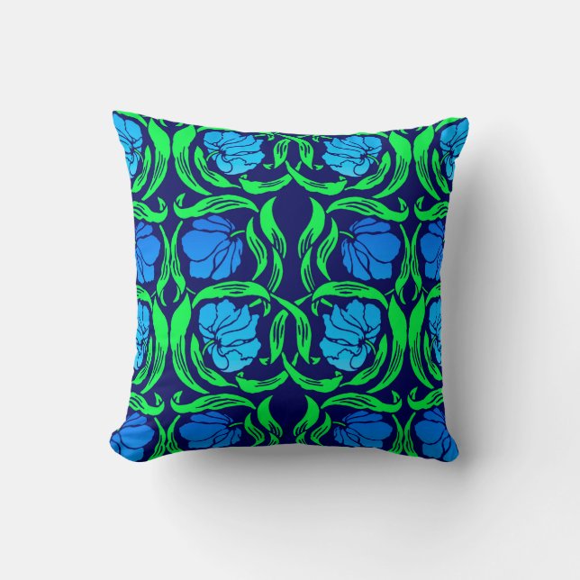William Morris Pimpernel, Cobalt Blue and Green Cushion (Front)