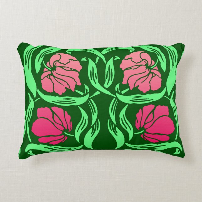 William Morris Pimpernel, Coral Pink and Green Decorative Cushion (Front)