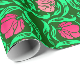 William Morris Pimpernel, Coral Pink and Green Wrapping Paper