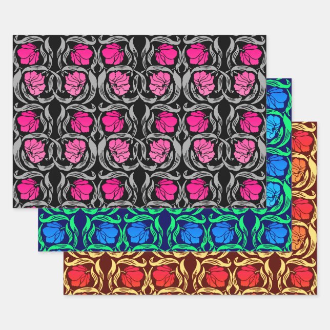 William Morris Pimpernel, Fuchsia, Blue, Brown    Wrapping Paper Sheet (Set)