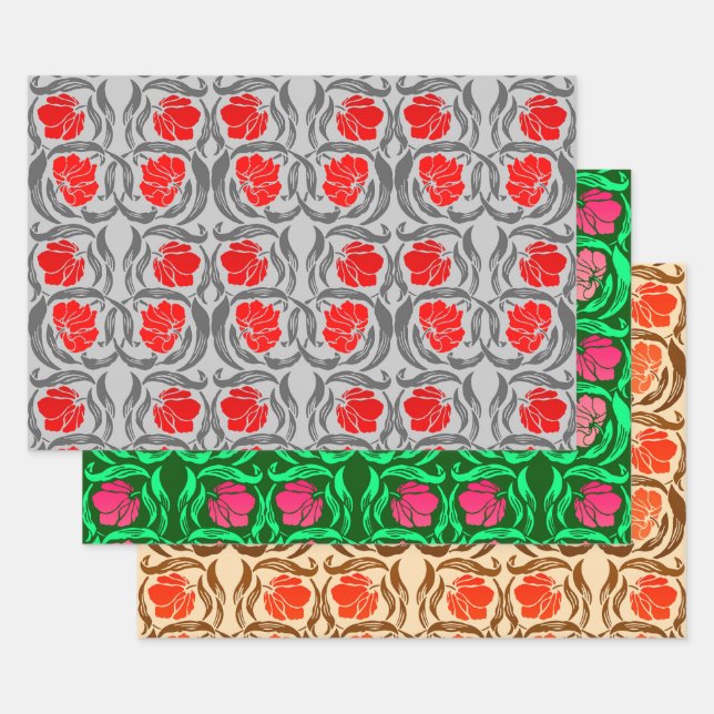 William Morris Pimpernel, Grey & Red, Pink, Orange Wrapping Paper Sheet (Set)